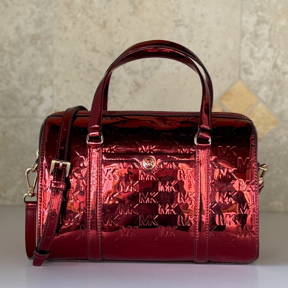 Michael Kors Jet Set MD Satchel Shoulder Bag Mirror Metallic MK Embossed Cherry